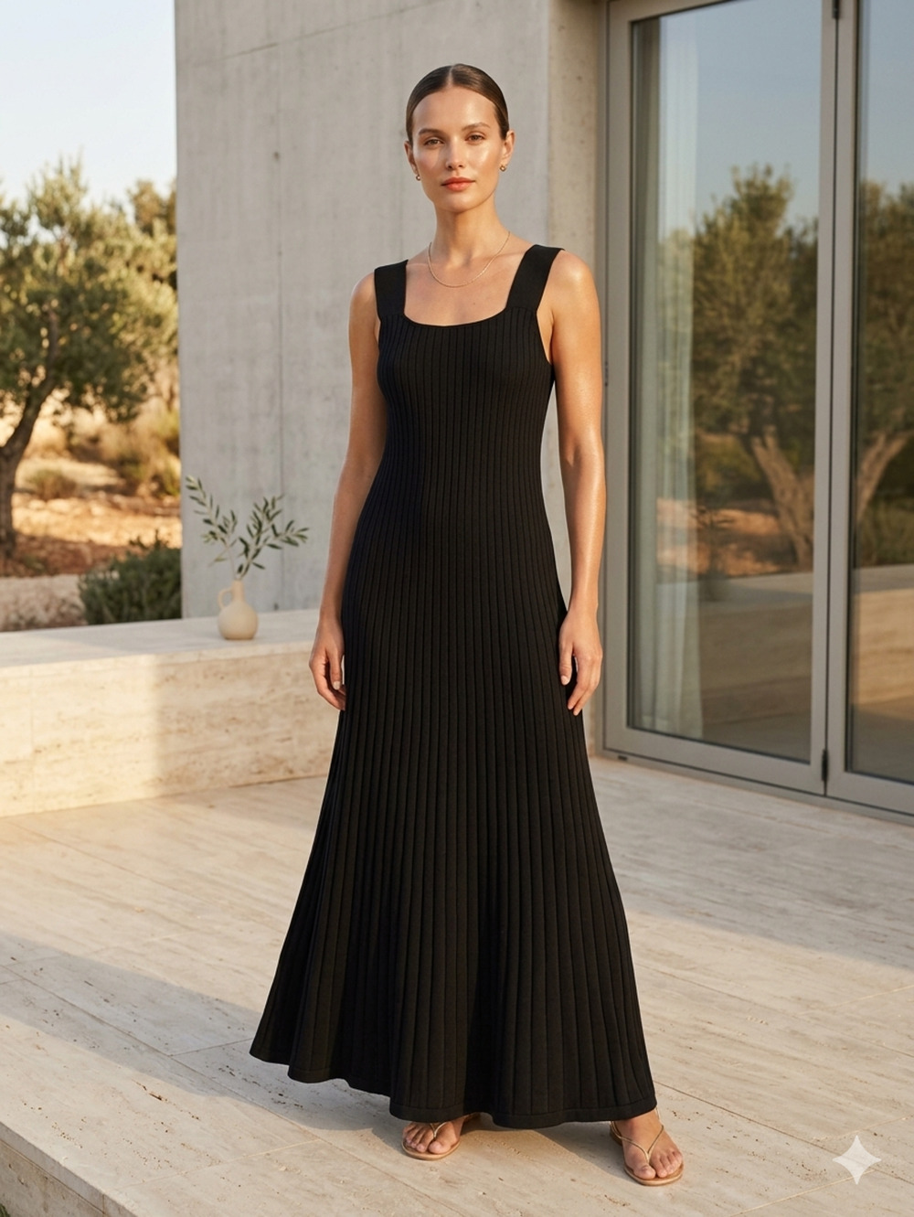NWT RIHOAS Ponte Knit Maxi Dress Womens S/M Black Minimalist Square Neck
